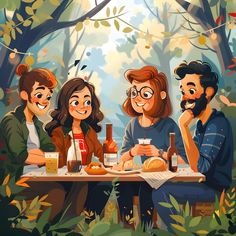 a group of people sitting at a table in the woods