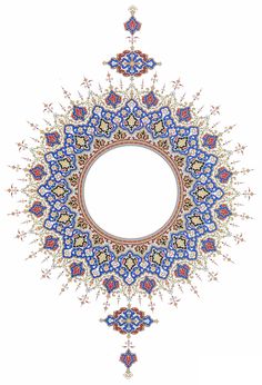 an ornate circular design with blue and red flowers on the center, surrounded by small white dots