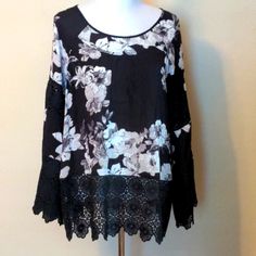 Black Floral Pull Over Blouse By Curations. Crochet Lace At Bottom Hem, Mid Sleeve And At The End Of Sleeves. Size Medium. Pit To Pit, Flat Is 21 Inches. 27 Inches Long. Black Long Sleeve Lace Top For Summer, Spring Black Blouse With Lace Trim, Black Spring Blouse With Lace Trim, Black Lace Trim Blouse For Spring, Casual Black Lace Blouse, Black Lace Trim Top For Spring, Spring Black Crochet Lace Top, Black Lace Top With Crochet Details, Black Bohemian Lace Top