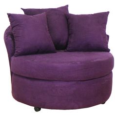 a purple round chair with three pillows on it's back and one arm extended