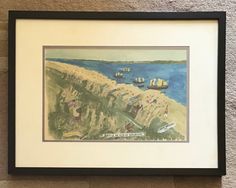 a painting hanging on the side of a wall next to a stone wall with boats in it