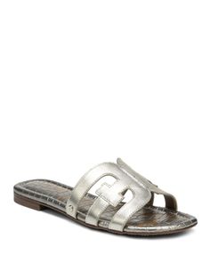 Sam Edelman Women's Bay Slide Sandals Casual Silver Leather Slides, Silver Leather Slides For Summer, Silver Slides With Leather Footbed For Summer, Flat Silver Leather Mules, Classic Silver Sandals For Summer, Designer Adjustable Open Toe Sandals, Silver Leather Slides With Cushioned Footbed, Classic Silver Sandals For Spring, Classic Silver Leather Sandals