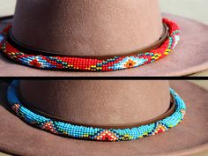 Dress up any hat with this western beaded leather hat band. Beautiful native and Navajo patterns with vibrant colors. Bring a southern charm to your old favorites with this gorgeous hat band or make your new hat even more special. Made of full grain leather (highest grade leather) and glass beads. Handmade in Brazil by artisan women. You can match your hat band with our best-selling leather beaded dog collars! Treated with beeswax, water resistant. 30 days free returns or exchange. 1-year ... Beadwork Ideas, Beaded Hat Bands, Navajo Pattern, Beaded Dog Collar, Hat Bands, Beaded Hat, Native American Crafts, Native Beadwork, Leather Hat