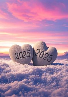 two snow hearts with the numbers 2055 and 2055 written on them in front of a pink sky