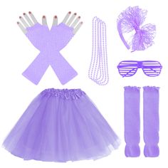 PRICES MAY VARY. Package Content: 1 pc light purple net yarn skirt(waist wide: 6.8"/17.5cm, which can be stretched to17"/43cm), 1 pair long gloves(10.2"/26cm), 1 pair of light purple leggings socks(13.7"/35cm), 4 pcs solid color necklace(14.7"/35cm), a pair of shutters glasses and 1 pc lace headband bow. Cute Cloths: The light purple net yarn skirt is made of chiffon and have high elastic, which is soft and comfortable. And the light purple gloves and leggings socks are complement the skirt, whi Princess Style Party Sets For Summer, Princess Style Summer Party Sets, Summer Princess Party Sets, Purple Halloween Costume For Fancy Dress, Purple Halloween Fancy Dress Costumes, Spring Party Costumes Fitted, Spring Party Costumes, Fitted, Fitted Spring Party Costumes, Retro Party Sets For Spring