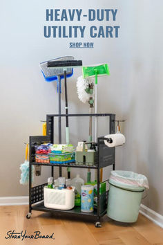 there is a shelf with cleaning supplies on it and the words, heavy duty utility cart shop now