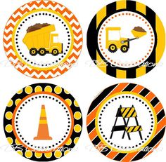 four construction themed party plates with orange and black stripes