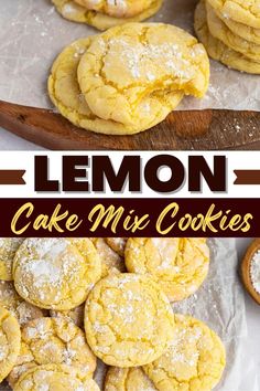 lemon cake mix cookies with powdered sugar on top and in the background, next to a wooden spoon