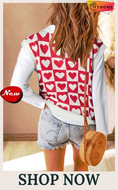 Red Checked Heart Pattern Sweater Vest Red Long Sleeve Sweater For Valentine's Day, Red Long Sleeve Valentine's Day Sweater, Red Long Sleeve Sweater With Heart Print, Red Heart Print Sweater For Valentine's Day, Trendy Red Patchwork Sweater, Trendy Red Sweater With Patchwork, Trendy Red Heart Sweater, Red Heart-shaped Valentine's Day Sweater, Trendy Winter Outerwear With Heart Print