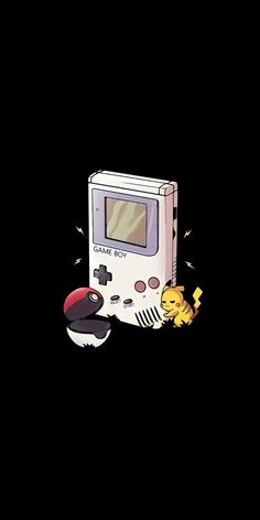 an old nintendo gameboy with a pikachu figure next to it on a black background