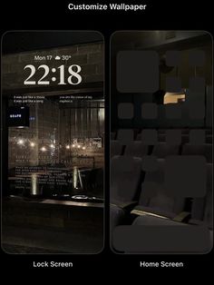 two screens showing the time and location of an event in a darkened room with lights on them