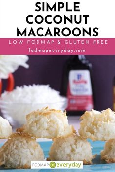 coconut macaroons on a blue plate with text overlay