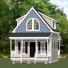 this is a computer rendering of a small house with porches on the front and side