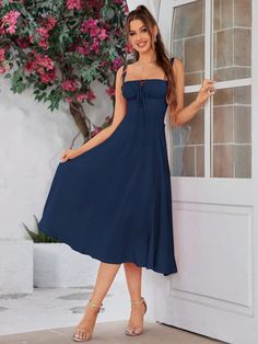 Azul Marino Casual Collar sin mangas Tela tricotada Liso Tirantes Embellished Elástico Alto Rosé Waist, Soft Dramatic, Casual Sundress, Black Tank Dress, Rose Rouge, Dress Boho, Vestido Casual, Women Long Dresses, Komplette Outfits