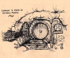 an ink drawing of a hobbot house in the middle of nowhere, with words written on it