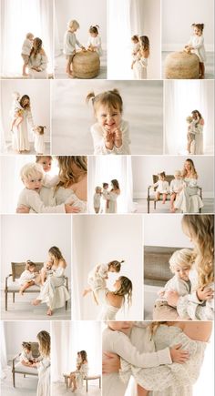 a collage of photos showing the mother and daughter hugging each other