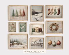 an assortment of christmas pictures hanging on a wall