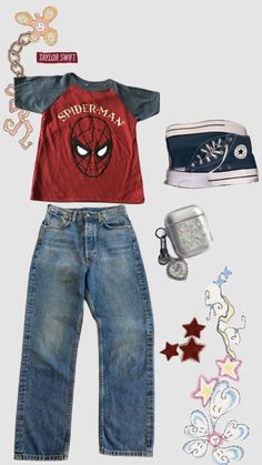 a doll is dressed up as spider - man and has blue jeans, red t - shirt, converse shoes, and handbag