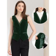 Pair with the solid color blouse or ruffle neck shirt for a casual business style. In this vintage solid color velvet fabric design, this vest is classic and timeless for your daily outfits. Classic OL style, fit for office and other formal occasions. Retro contrast satin with velvet can show your elegance and more charming, making you look more and more capable. Elegant Solid Vest For Work, Elegant Fitted Green Vest, Formal Vest Top For Fall, Elegant Green Vest For Formal Occasions, Elegant Green Formal Vest, Green Sleeveless Formal Vest, Elegant Green Workwear Vest, Velvet Waistcoat, Steampunk Vest