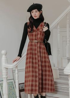 Button down plaid pinafore with faux chest pockets, side pockets and a belted waist. S: 33" chest, 26.5" waist, 45" lengthM: 34.5" chest, 28" waist, 45" lengthL: 36" chest, 29.5" waist, 45.5" lengthXL: 37.5" chest, 31" waist, 45.5" length Plaid Overall Dress Holiday, Pinafore Dress Dark Academia, Houndstooth Pinafore Dress, Brown Plaid Pinafore Dress, Check Pinafore Dress, Shoe Gifts, Overall Dress, Sweater Blouse, Cardigan Jacket