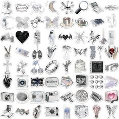 an assortment of various metal objects on a white background, including scissors and other items