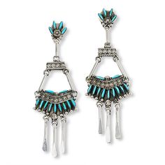 Chaco Canyon Zuni Kingman Turquoise Sterling Silver Dangle Earrings Famous for its stone-intensive, detail-driven design, Zuni jewelry has a gorgeous intricacy that's beautifully depicted in this triple-tiered fringe earring.       Each approx. 3-5/8"L x 1-1/16"W     Stamped .925 sterling silver; polished, oxidized finish      Pierced with clutch backs     Rope wirework and bead detail throughout     Handcrafted     Designed and Crafted in the USA   Stone Information      All sizes and weights approximate     Stabilized Kingman Turquoise: Freeform (1x6-1x5mm) Turquoise Sterling Silver Chandelier Earrings, Turquoise Sterling Silver Dangle Chandelier Earrings, Blue Oxidized Dangle Jewelry, Blue Oxidized Finish Earrings, Turquoise Teardrop Chandelier Earrings In Sterling Silver, Turquoise Oxidized Dangle Jewelry, Turquoise Dangle Jewelry With Oxidized Finish, Zuni Jewelry, Southwest Jewelry