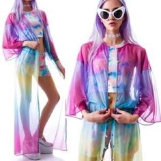 Absolutely Stunning Piece That Has Gotten Many Compliments, But Time To Pass It On. Sheer Rainbow Watercolor Fabric, All Buttons Intact. Great Condition. Make Offers!! Will Fit Up To Size M. Amazing Unif Piece Clear Jacket, Beach Cardigan, Rainbow Cardigan, Dress Kimono, Rainbow Watercolor, Watercolor Fabric, Cheap Jacket, Basic Jackets, Vintage Cardigan