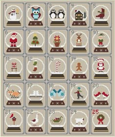 a cross stitch pattern with christmas decorations and animals on it's sides, all in different colors