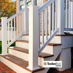 Square Baluster Statement PVC Rail Kits Timbertech/Azek Statement PVC Rail Kits with Square Balusters include everything needed to install one level or stair rail section. Attach to Statement PVC Post Sleeves for deck railing with a classic look of white, milled wood rail. Made from Azek PVC reinforced with an aluminum core for years of sturdy, stable, beautiful looking deck rail. Statement Rail Kits are available for Straight or Stair rail sections, 36" or 42" heights, 6' or 8' lengths. Timbert Porch Step Railing, Trex Deck Lighting, Square Balusters, Front Porch Stairs, Outdoor Cottage, Porch Pillars, Craftsman Porch, Caribbean Decor, Pvc Railing