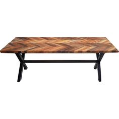 a wooden table with metal legs and a chevron pattern on the top, against a white background