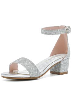 Glitter Silver Casual,Dressy Collar   Plain  Embellished   Kids Shoes Synthetic Sandals With Round Toe For Prom, Synthetic Round Toe Sandals For Prom, Summer Glitter Sandals With Low Heel, Glitter Round Toe Sandals For Prom, Kids Heels, Chunky Pumps, Girls High Heels, Casual Dressy, Block Dress