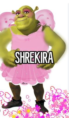 shrekira from shra is standing in front of pink flowers with the words shrekira on it