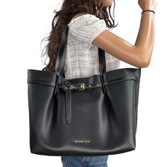 New With Tag Michael Kors Emilia Large East West Shoulder Tote Bag Pebbled Leather Black Bisque Interior Color 100% Authentic Retail: $558.00 Plus Tax **The Model Is 5'11" And Size 2** **Please See The Measurement For The Size** No Dust Bag Michael Kors Logo At Front Gold Toned Hardware Snaptop Closure For Outer Compartment Custom Fabric Lining Center Zip Compartment 1 Zipper Pocket 2 Slip-In Pocket 16.75"(Top) 13"(Bottom) (L)X 11.5"(H) X 6"(D) Straps: 11" Very Clean, Smoke-Free And Pet-Free Env Everyday Michael Kors Satchel, Michael Kors Workwear Tote Bag, Michael Kors Double Handle Work Bag, Michael Kors Workwear Bag With Adjustable Strap, Michael Kors Double Handle Shoulder Bag For Work, Michael Kors Shoulder Bag With Double Handle For Work, Chic Everyday Michael Kors Satchel, Michael Kors Black Shoulder Bag For Work, Michael Kors Satchel Bag For Work