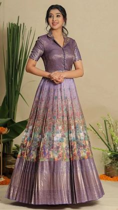 Georgette Long Frock Designs, Long Frock Front Neck Designs, Lavender Frock For Women, Traditional Frocks For Women, Traditional Long Frocks Indian, Net Frocks For Women Party Wear, Saree Long Frock Designs, Gown From Saree, Trendy Blouse Designs For Lehenga