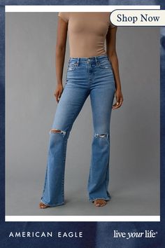 Stretch | Soft with an authentic denim look & just the right amount of stretch./True jean-like fabric that holds its shape./Won't bag out. Ever./Medium wash/Ripped Everyday Distressed High-rise Flare Jeans, Affordable High-waisted Denim Flare Jeans, Non-stretch High Rise Medium Wash Flare Jeans, Versatile High-rise Flare Jeans With Five Pockets, High-rise Distressed Cotton Flare Jeans, True Jeans, Womens Flare Jeans, Aerie Bras, Cowgirl Bachelorette