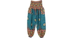 Teal Blue Elephant Mandala Print Harem Pants in Clothing - A fun flowing elephant mandala printed hippie harem pants with smocked waist and cuffed hem, pull-on pants with two functional side pockets. Features: Split-Skirts-Pants, Pocket, Yoga, Vacation, Beach, Printed, Elephant, Bohemian. Bohemian Harem Pants With Elastic Waistband For Loungewear, Hippie Harem Pants With Elastic Waistband For Loungewear, Blue Harem Pants With Elastic Waistband For Festival, Blue Hippie Harem Pants With Pockets, Loosely Fitted Blue Harem Pants With Elastic Waistband, Blue Hippie Harem Pants With Elastic Waistband, Spring Boho Print Harem Pants, Hippie Harem Bottoms With Elastic Waistband, Multicolor Harem Pants With Elastic Waistband