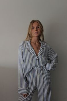 The Tilly Top is a beautiful, vintage-inspired button-up top perfect for styling with trousers or even paired with a swim look. Our Tilly blouse features a nod to classic vintage pajamas and modern edits for a look beyond sleep apparel. The soft gauzy striped fabric is essential for warm weather but can be worn year-round. We love pairing our Tilly Top with our best-selling Townes Trousers in Cotton Twill and with a modern go-to leather slide. 70% Cotton / 30% Rayon Made in the USA Relaxed sligh Cotton Gauze Pajamas, Classy Pjs For Women, Vintage Pajamas Women, French Pajamas, Crop Top Pajamas, Cute Winter Pajamas, Classy Pajamas, Home Lounge Outfit, Chic Pajamas