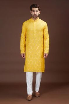 Shop for Kasbah Yellow Georgette Floral Thread Embroidered Kurta for Men Online at Aza Fashions Festive Yellow Embroidered Kurta, Yellow Bandhgala With Resham Embroidery Straight Kurta, Kurtha Designs For Men Yellow, Haldi Function Dress, Semi-stitched Yellow Kurta With Floral Embroidery, Yellow Embroidered Fitted Kurta, Function Dresses, Blue Suit Wedding, Yellow Outfit