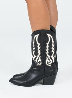 Cowgirl boots Faux leather material Hero Image: Cathlin Detail stitching Mid-calf length Pull tabs Pointed toe Block heel Heel height: 6.5cm / 2.5" Hero Image, Lace Up Wedges, Loafer Sneakers, Casual Sport Shoes, Heeled Loafers, Platform Sneakers, Cowgirl Boots, Boots Black, Sneakers For Sale