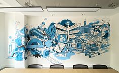 a large mural on the wall in an office