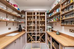 an organized pantry with lots of shelves and baskets