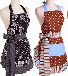 two aprons on mannequins with different patterns and colors, one has a bow at the neck