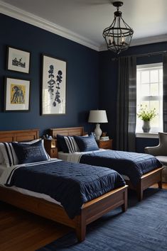 two beds in a bedroom with blue walls