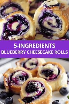 blueberry cheesecake rolls on a white plate