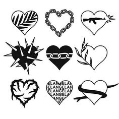 various heart tattoos are shown in black on a gray background with the word love written below them