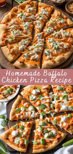 the homemade buffalo chicken pizza is ready to be cut into slices and served with green onions