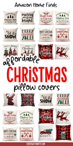 christmas pillow covers with the words, amazon home finds are available in red and white