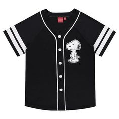 Elevate your style with this black baseball jersey designed for ladies, featuring the beloved Snoopy from Peanuts for women. This button-down mesh shirt combines comfort and iconic design. Perfect for Peanuts fans, it's a versatile addition to your wardrobe. Whether you're hanging out with friends or going about your day, this jersey allows you to showcase your Snoopy love with a touch of timeless fashion, charm and sporty looking fan. Size: XS. Snoopy Vinyl Shirts, Snoopy Outfit, Snoopy Clothes, Snoopy Baseball, Snoopy Merchandise, Charlie Brown Woodstock, Snoopy Shirt, Snoopy T Shirt, Snoopy Love