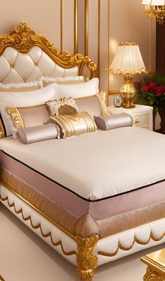 the bed is made up with gold trimmings and white sheets, along with two lamps on either side