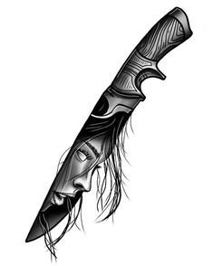 a black and white drawing of a knife with long hair on it's blade